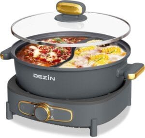 Dezin Hot Pot Electric with Divider, 5L Double-Flavor Shabu Shabu Pot, Dual Sided Removable Non-Stick Hotpot Pot Electric, 3″ Depth Chinese Hot Pot with Multi-Power Control, 2 Silicone Ladles Included