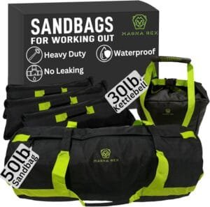 Sandbags for Working Out – Adjustable Sand Bags for Weight Training, Heavy Duty Equipment – 1 Outer Workout Sandbag, 3 Inner Sandbags, and 1 Soft Kettlebell (Black/Green, 50 lbs) – Non Slam