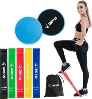 Thirty48 Gliding Discs Core Sliders and 5 Exercise Resistance Bands | Strength, Stability, and Training for Home, Gym, Travel | User Guide & Carry Bag