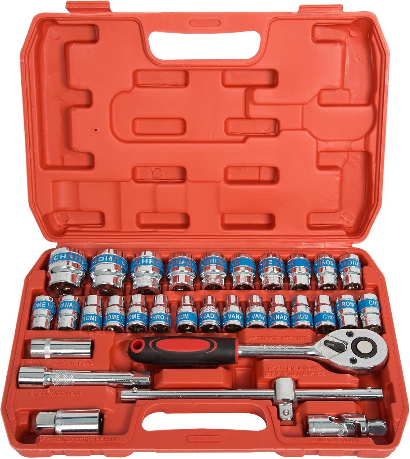 Zaptec 32Pcs 1/2 inch Socket Set - Ratchet Wrench Spanner Tool Goti Set with Carry Box, for Automobiles, Bike, Car Repair Tool Kit