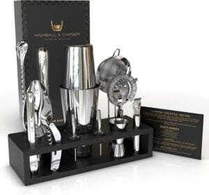 Highball & Chaser 13-Piece Boston Cocktail Shaker Set Stainless Steel Mixology Bartender Kit With Stand For Home Bar Cocktail Set | Laser Engraved Cocktail Tools | Plus E-Book with 30 Cocktail Recipes