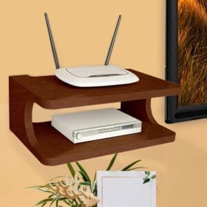 Set top Box Stand WiFi Router Holder Wooden Wall Shelves for Home Wall Mount Stylish TV Cabinet Living Room Furniture (Color-Walnut Brown)