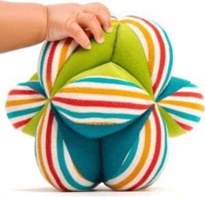 Shumee Colorful Plush Fabric Ball for Babies | Baby Textured 5″ Ball | Multicolored | Lab Certified | Montessori Soft Ball Toys | Developmental Clutch with Rattle, Infant/Babies | Newborn Gifts