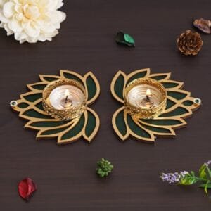 eCraftIndia Golden and Green Beautiful Lotus Design Tea Light Candle Holders (Set of 2) – Charming Home Decor Accent for Diwali, Christmas, and Special Occasions