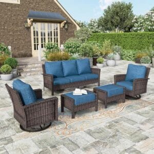 HERA’S HOUSE Outdoor Patio Furniture Set, 35″ High Back Swivel Chairs with Ottomans, Brown Wicker Outdoor Conversation Sofa Sets for Lawn Backyard, Navy Blue