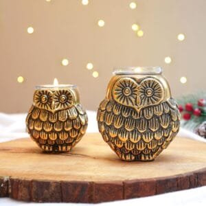 Metal Pair of Owls with Votives for Good Luck and Love | Candle Holder for Home Decor Tabletop Living Room Office | Showpiece Vastu Statue for Gifting Golden Set of 2