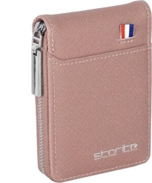 Credit Debit Card Holder PU Leather Small Card Case for Women or Men with Zipper, Pink, 1Pack Peach Pink, Casual