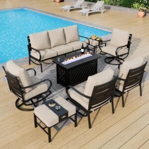 PHI VILLA 8 PCS Patio Furniture Set with Fire Pit Table,Metal Outdoor Furniture with 1 x 3-Seat Bench Sofa, 2 x Swivel Sofa Chairs, 2 x Leg Chair & 2 x Ottoman, Modern Patio Set, Beige