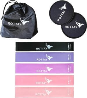 ROTTAY 5 Resistance Loop Bands & 2 ABS Workout Core Sliders for Squats, Stretching, Strength Training Exercises, Hips, Glutes with Storage Bag(Material: Natural Rubber)