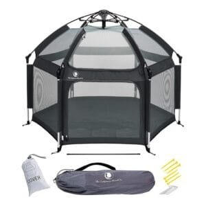 POP ‘N GO PLAYPEN – Indoor & Outdoor Baby Playpen for Babies and Toddlers – Baby Beach Tent, Foldable, Portable W/Canopy, Travel Bag, & Mosquito Net – Pop Up Pack and Play Tent (Black)
