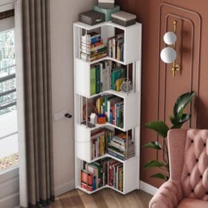 Vista Engineered Wood Corner Bookshelf | Bookcase (Matte Finish) (Moonshine White)