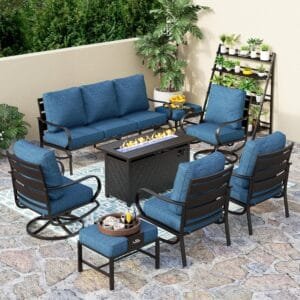 PHI VILLA 8 PCS Patio Furniture Set with Fire Pit Table,Metal Outdoor Furniture with 1 x 3-Seat Bench Sofa, 2 x Swivel Sofa Chairs, 2 x Leg Chair & 2 x Ottoman, Modern Patio Set, Peacock Blue