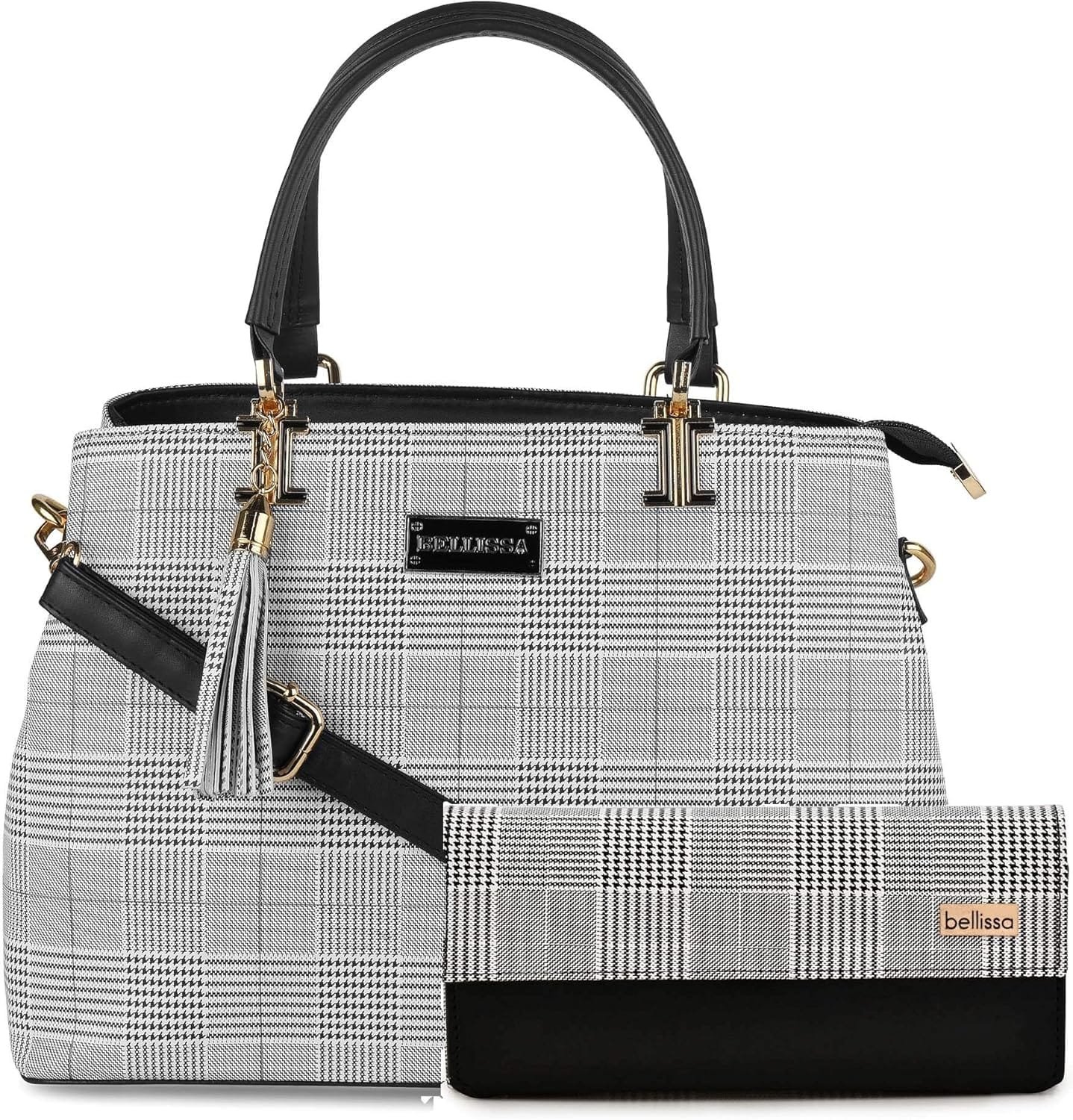 BELLISSA Women's Checked Printed Artificial Leather Satchel Bag Combo | Ladies Handbag Shoulder Crossbody Combo, Black, M