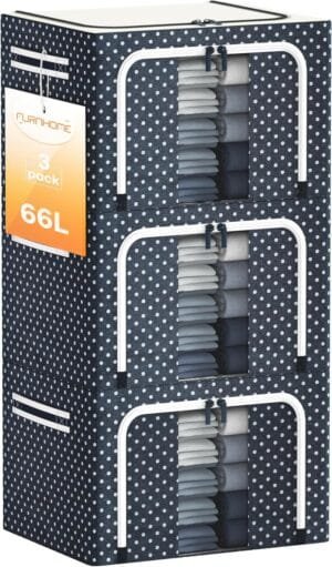 Furnhome Clothes Storage Organizer Bins, Foldable Storage Bins-Oxford Cloth Steel Frame Storage Box for Clothing Storage with Foldable Clear Window & Reinforced Handles (Navy Dots, 66L, 3PCS)…