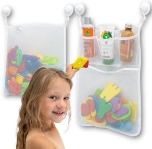 2 x Mesh Bath Toy Organizer + 8 Ultra Strong Hooks – The Perfect Bathtub Toy Holder & Bathroom or Shower Caddy – These Multi-use Net Bags Make Baby Bath Toy Storage Easy – For Kids & Toddlers