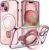Magnetic for iPhone 15 Case with Invisible Stand[Compatible with MagSafe][Full Camera Lens Protector][Military Drop Protection] Shockproof Not Yellowing Clear Slim Soft for Women Men, Pink