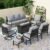 PHI VILLA 8 PCS Patio Furniture Set with Fire Pit Table,Metal Outdoor Furniture with 1 x 3-Seat Bench Sofa, 2 x Swivel Sofa Chairs, 2 x Leg Chair & 2 x Ottoman, Modern Patio Set, Grey