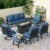 PHI VILLA 8 PCS Patio Furniture Set with Fire Pit Table,Metal Outdoor Furniture with 1 x 3-Seat Bench Sofa, 2 x Swivel Sofa Chairs, 2 x Leg Chair & 2 x Ottoman, Modern Patio Set, Peacock Blue